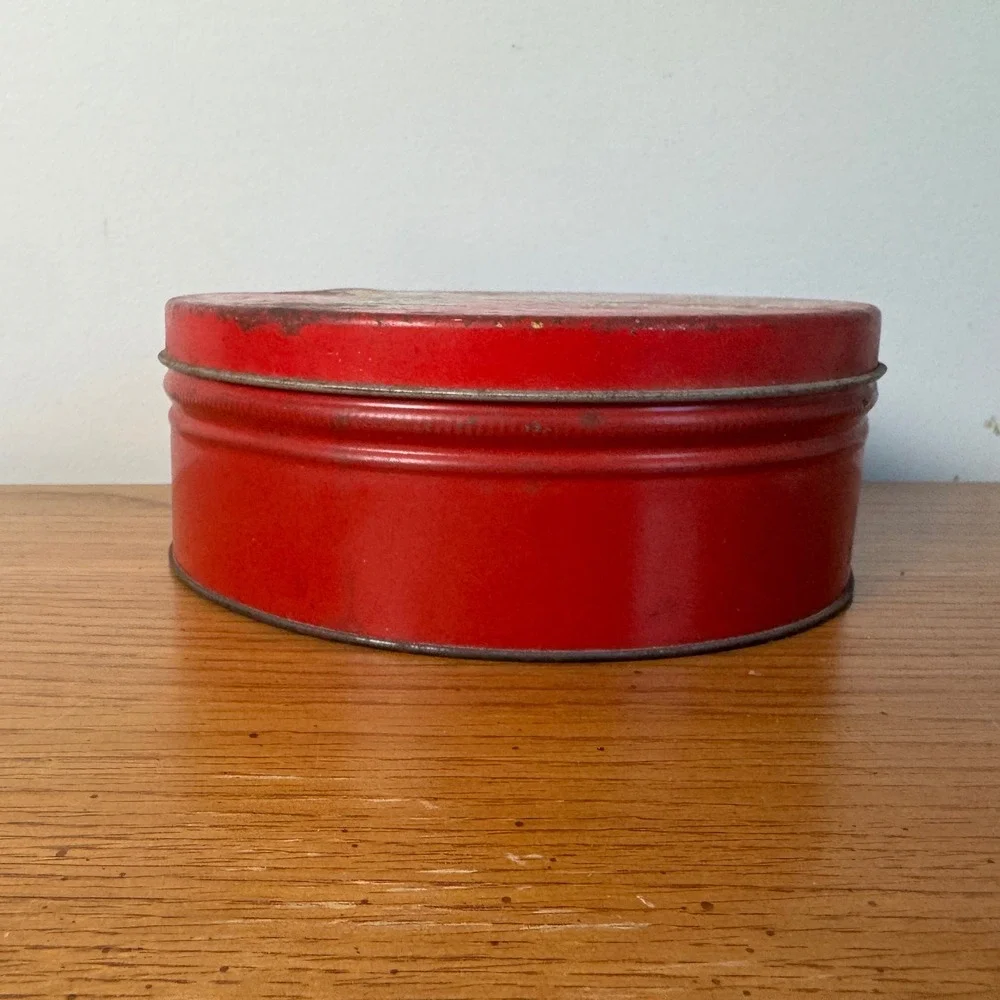 Vintage Christmas Red Tin with Embroidery Floss DMC Thread and Sewing Notions